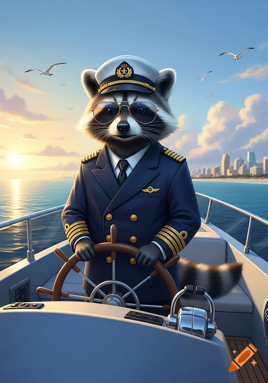 An anthropomorphic raccoon captain in uniform and sunglasses steers a boat at sunset, with a city skyline in the background.