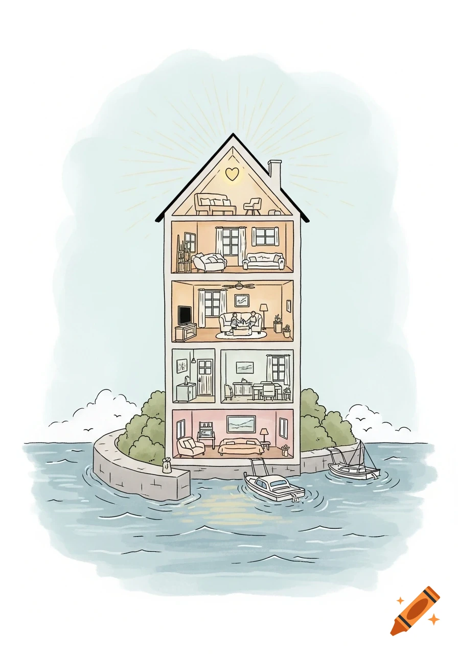 Hand-drawn illustration of a cutaway house by the sea in a protected harbor with boats.