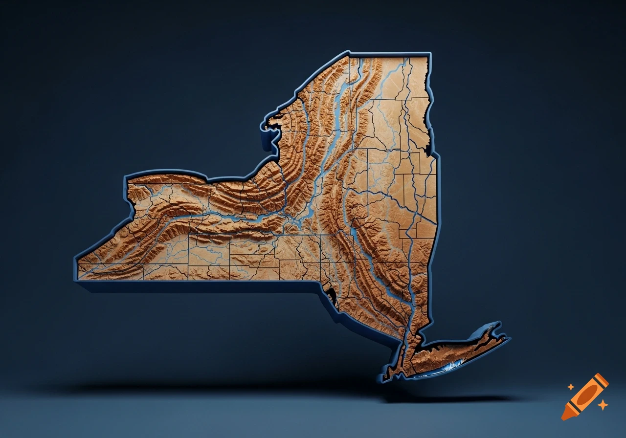 Stylized 3D topographical map of New York State, brownish-tan with blue rivers and a raised blue bezel, on a dark background.