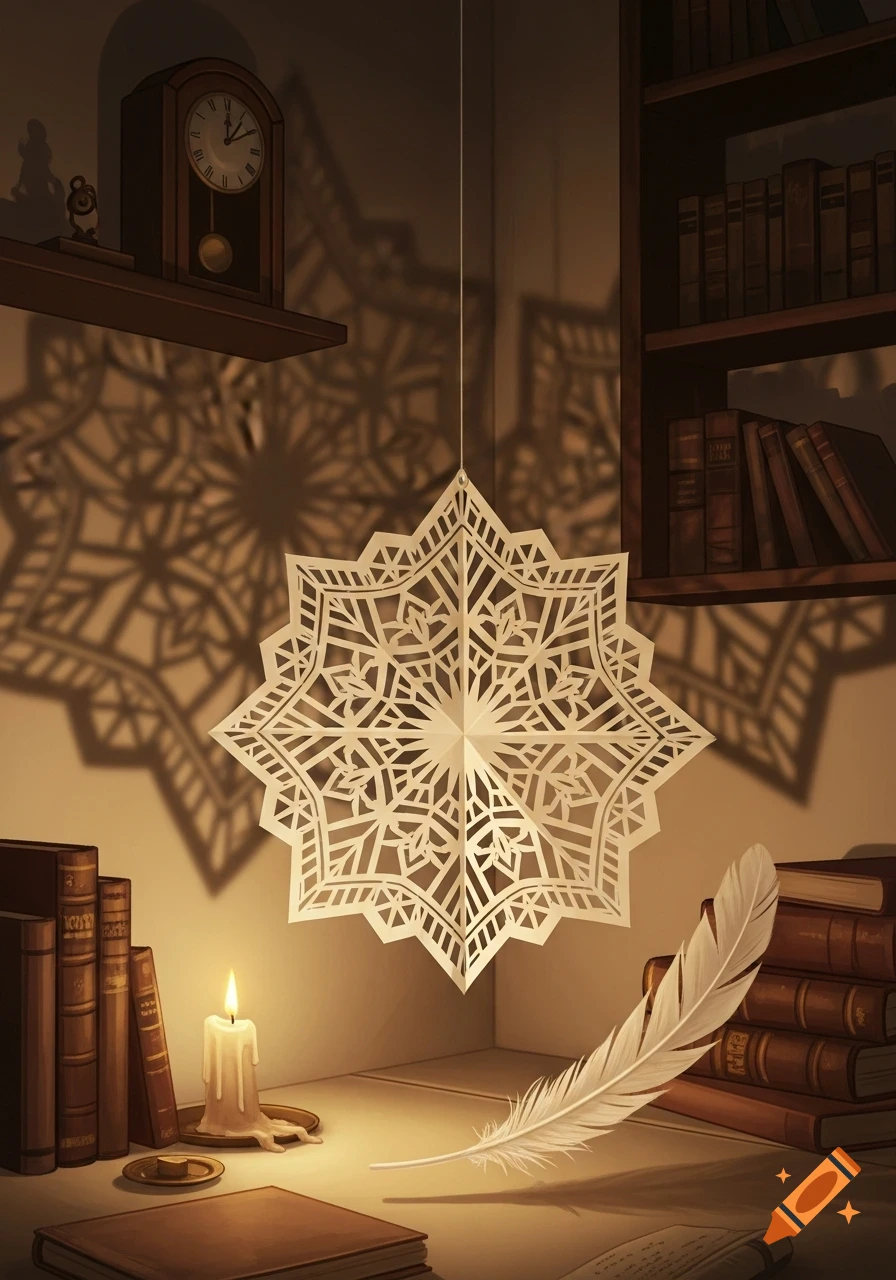 An illustrated still life with a hanging paper snowflake casting shadows, a lit candle, quill, and books on a desk and shelves.