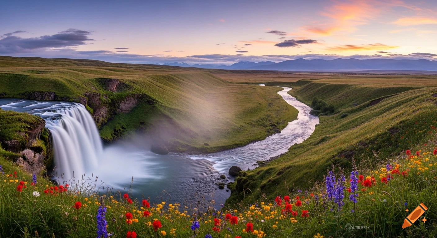 A photorealistic landscape features a majestic waterfall flowing into a winding river through a vibrant green valley filled with colorful wildflowers at sunset.