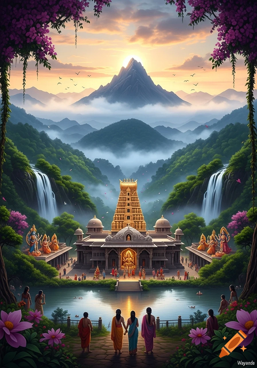 A vibrant, fantasy-like golden temple nestled in a lush green mountain valley with waterfalls under a bright sunrise. People gather around a reflective pond in front of the temple, with statues of deities on the sides.