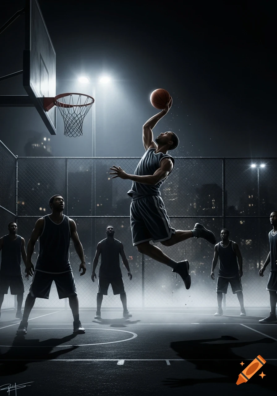 Dynamic illustration of a basketball player mid-air, dunking on a dark outdoor court at night with other players and city lights.