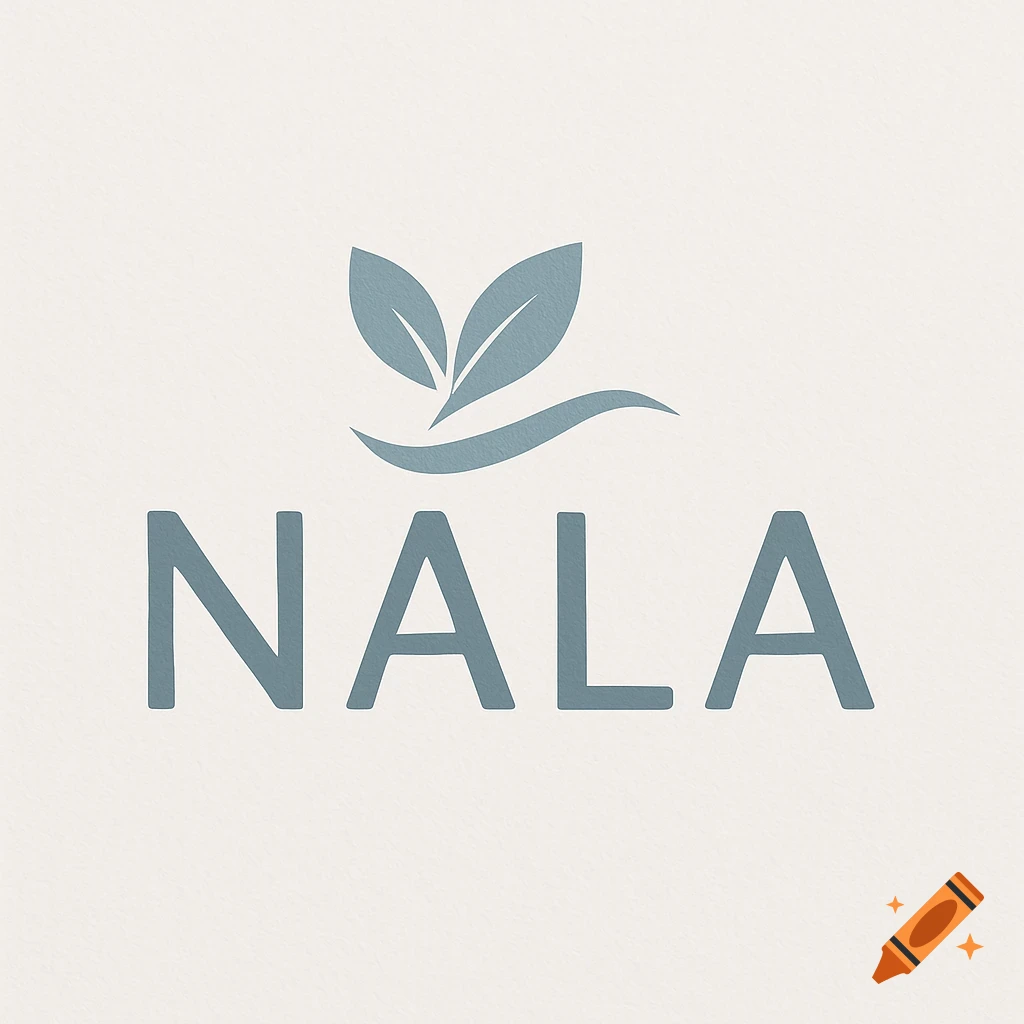 A minimalist logo for NALA featuring blue-grey text and two leaves with a curved line, on a light beige background.