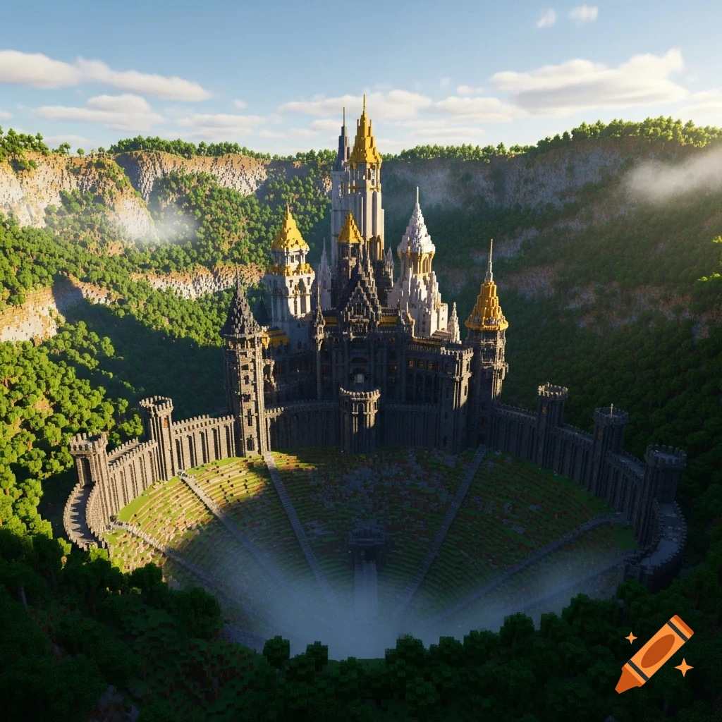 A grand Minecraft castle with golden spires nestled in a lush, bowl-shaped mountain range under a clear sky.