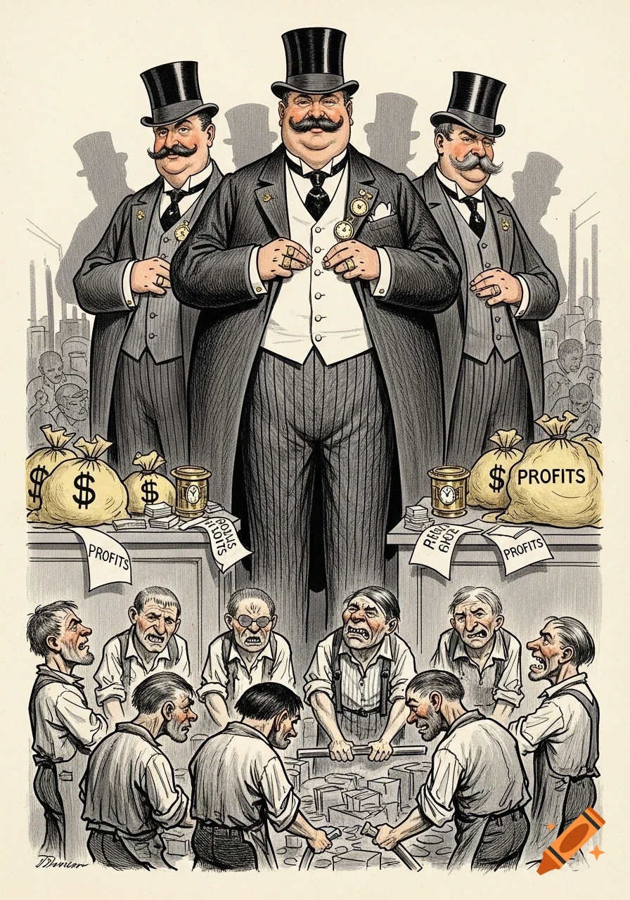 A Gilded Age political cartoon depicts three wealthy, top-hatted businessmen standing over a group of struggling laborers, with money bags labeled 'PROFITS' on their table.