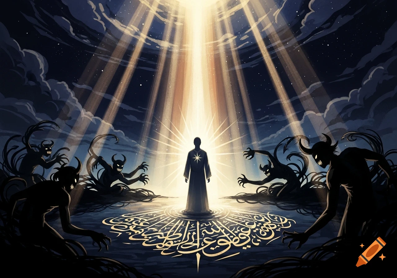 A lone figure stands in divine light under a night sky, surrounded by dark, clawed demon shadows and glowing script on the ground. Stylized illustration.