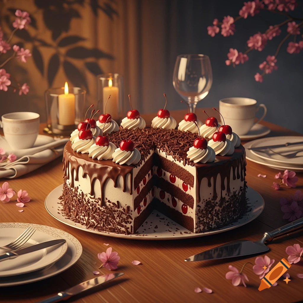 A photorealistic Black Forest cake with a slice removed, decorated with chocolate, cream, and cherries, on a table with candles and cherry blossoms.