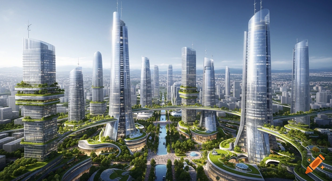 A photorealistic rendering of a futuristic city with towering glass skyscrapers, lush green terraces, elevated walkways, and a winding river.