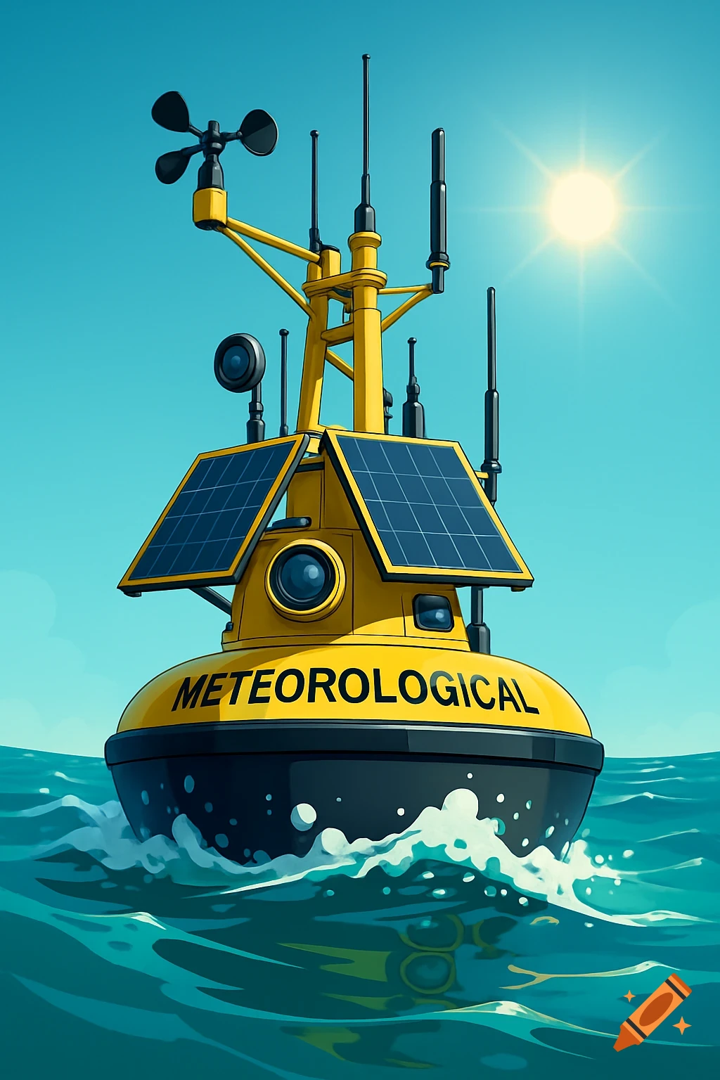 Yellow and black meteorological buoy with solar panels and sensors floats on blue ocean waves under a sunny sky in an illustration.