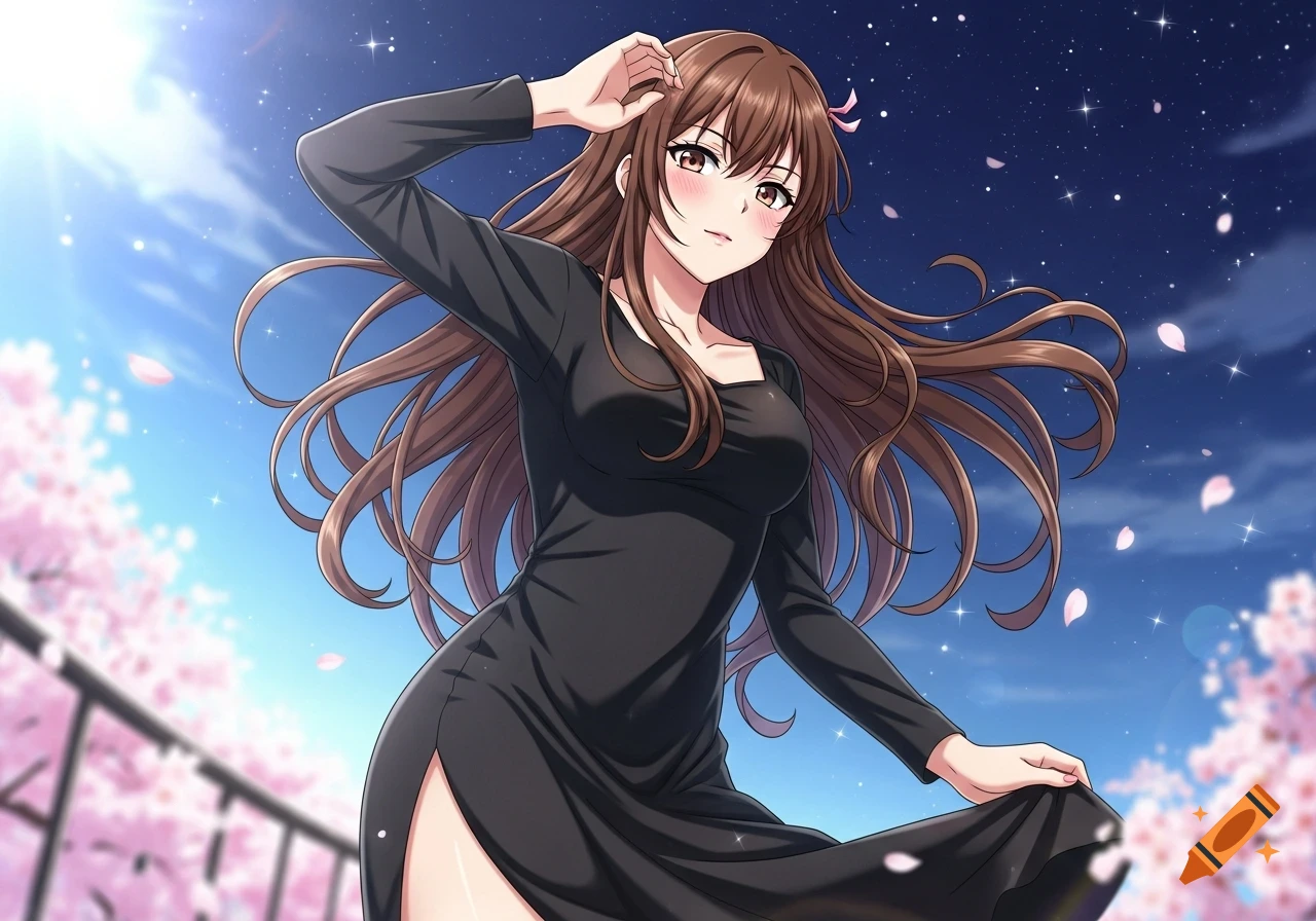 Anime girl with long brown hair in a black dress, posing under a bright sky with cherry blossoms.