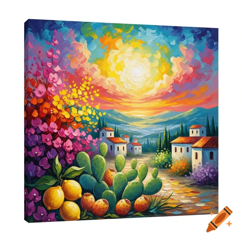 Vibrant impasto painting of a colorful landscape with white houses, mountains, bougainvillea, cacti, lemons, and prickly pears at sunset.