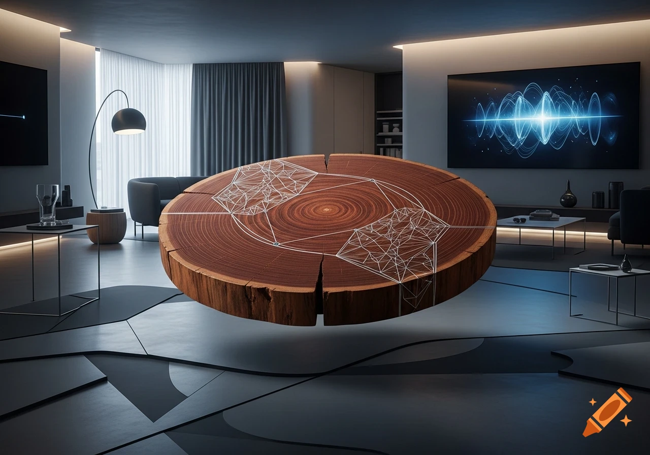 A large, round, floating wood slice with intricate geometric patterns in a minimalist modern living room.
