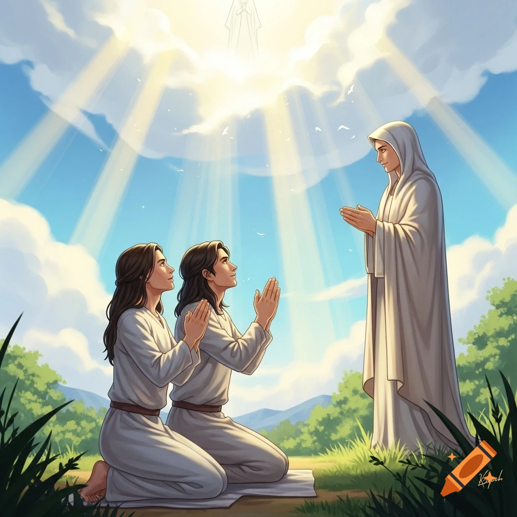 Two people kneel in prayer, looking up at a robed figure bathed in heavenly light in a spiritual illustration.