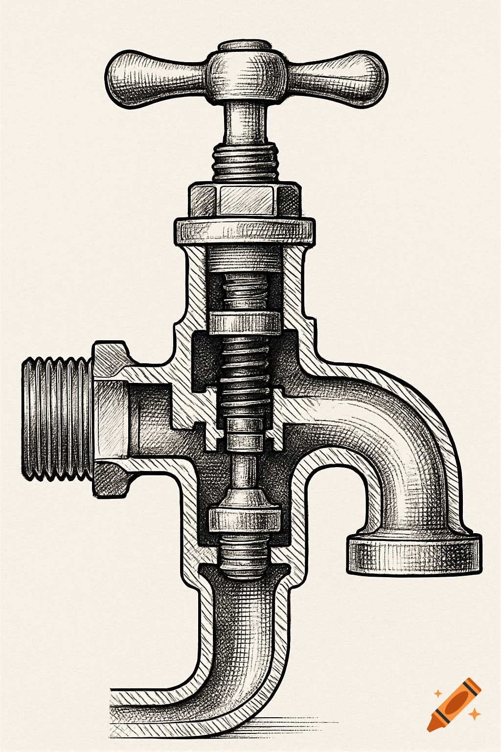 Detailed black and white cross-section illustration of a brass faucet, showing its internal mechanism.