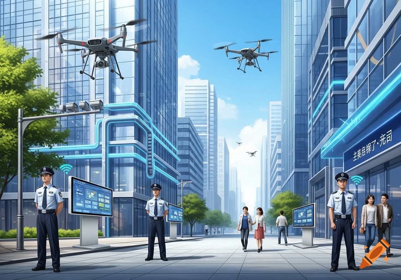 Futuristic city street with security guards, large screens, and drones flying overhead.