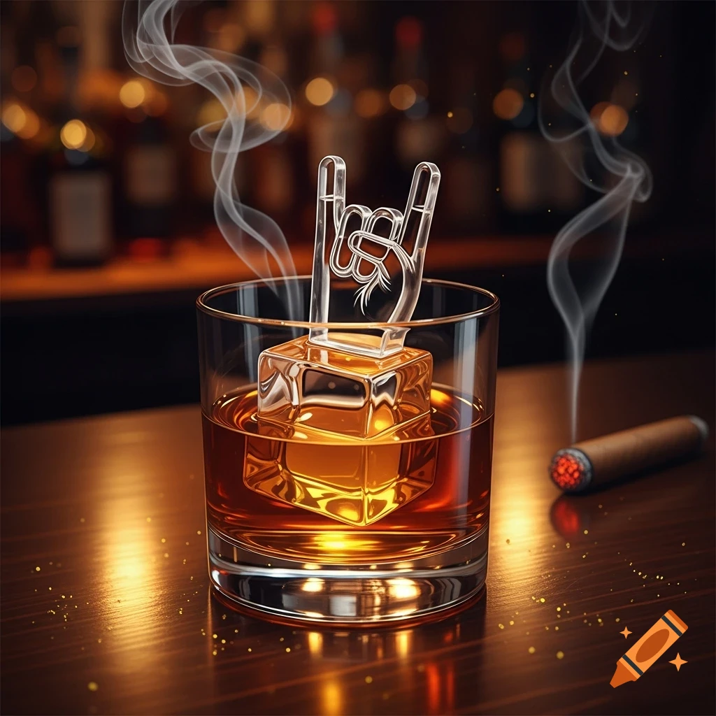 A glass of amber rum with a glowing clear ice cube shaped like a rock-and-roll hand sign, releasing wisps of smoke. A lit cigar rests on a wooden bar counter in the background.