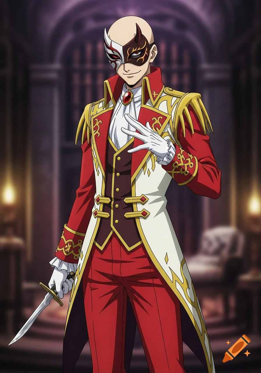 Anime-style bald male character in a red, white, and gold Victorian masquerade outfit, smirking and holding a dagger.