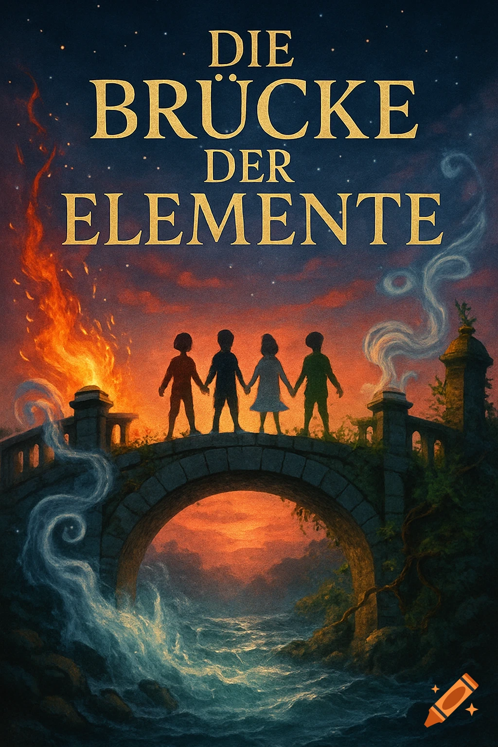 Illustrated fantasy book cover titled 'Die Brücke der Elemente', showing four silhouetted children on a bridge over water, with fire and smoke against a sunset sky.