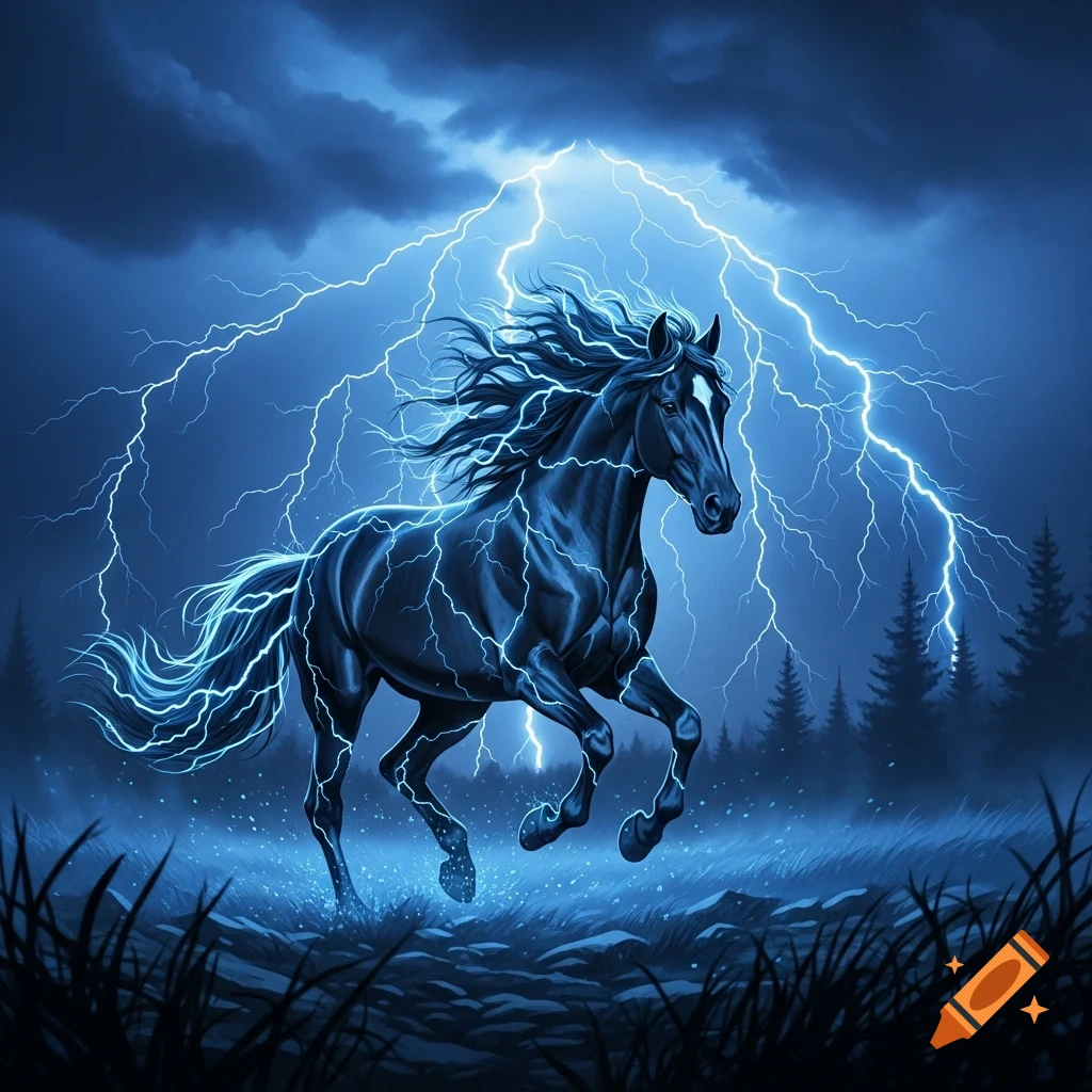 A dramatic digital art depiction of a black horse running through a stormy night, infused with bright blue lightning.