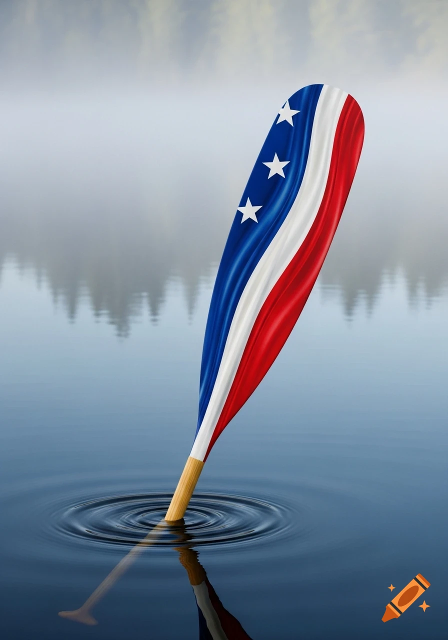 A canoe paddle featuring blue, white, and red stripes with stars, partially submerged in calm water with ripples and a misty background.