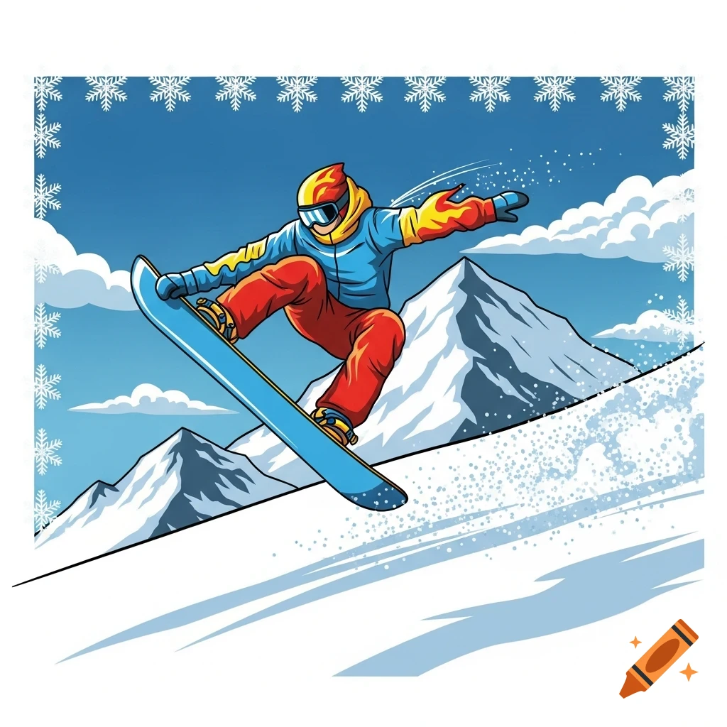 A cartoon snowboarder in colorful gear jumps over a snowy mountain slope with a blue sky and snowflake border.