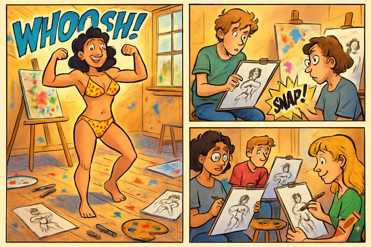 A comic strip shows a woman in a yellow polka dot bikini flexing her muscles as art students sketch her in a classroom. "WHOOSH!" and "SNAP!" sound effects are visible.