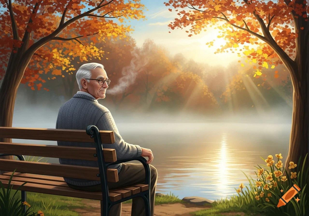An elderly man sits on a park bench by a misty lake, looking towards a golden autumn sunset with colorful trees in this digital painting.