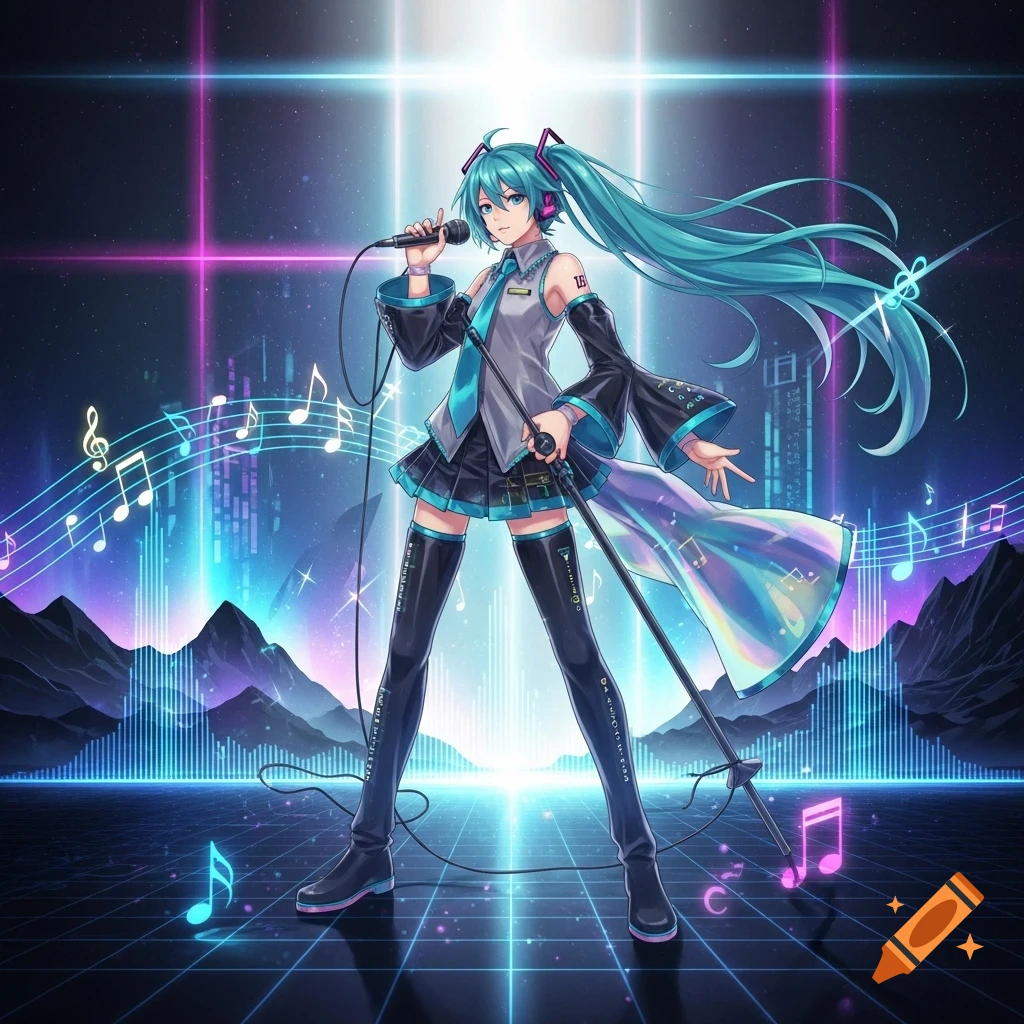 Hatsune Miku sings on a futuristic neon stage with glowing music notes and a city skyline background in anime style.