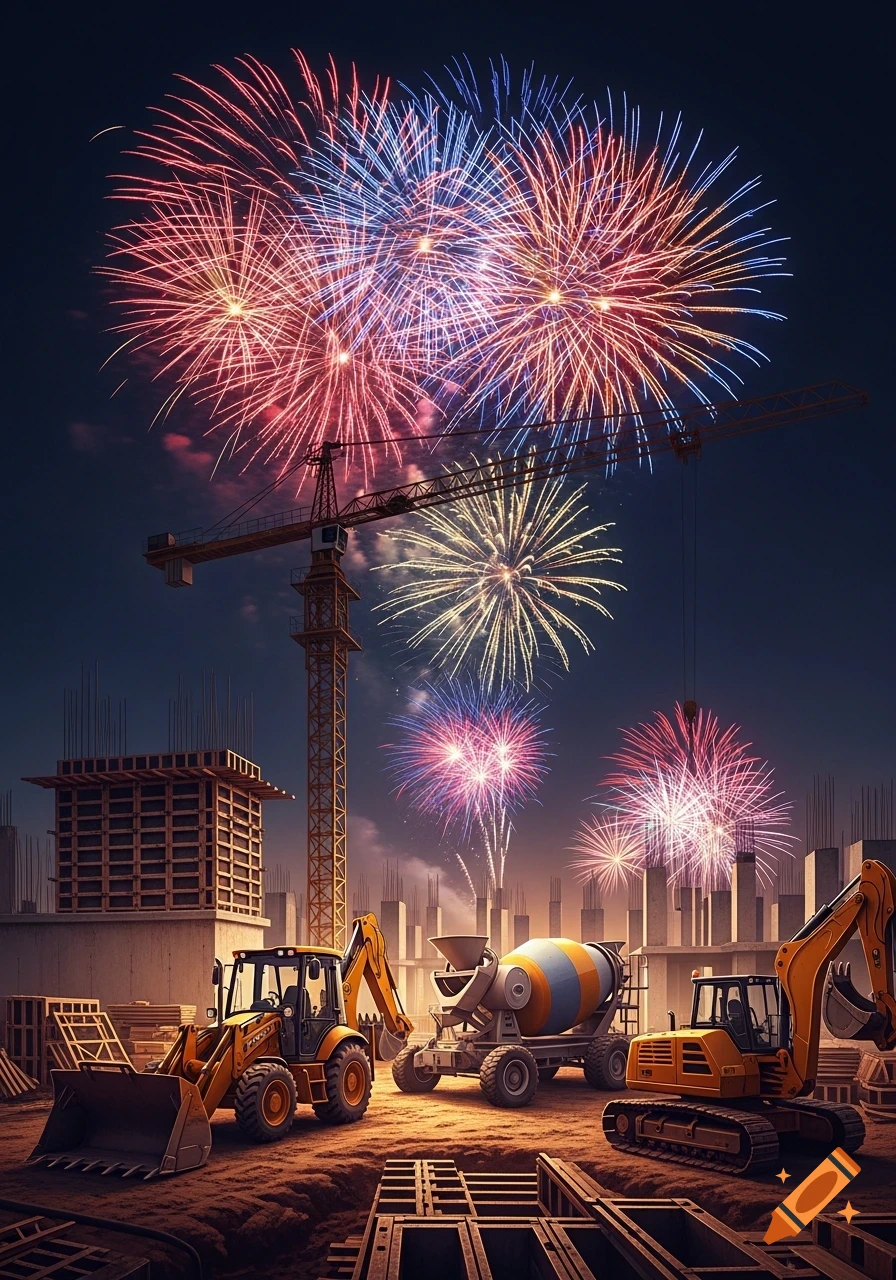 A construction site at night with a large crane, front loader, cement mixer, and excavator, illuminated by colorful fireworks exploding in the sky.