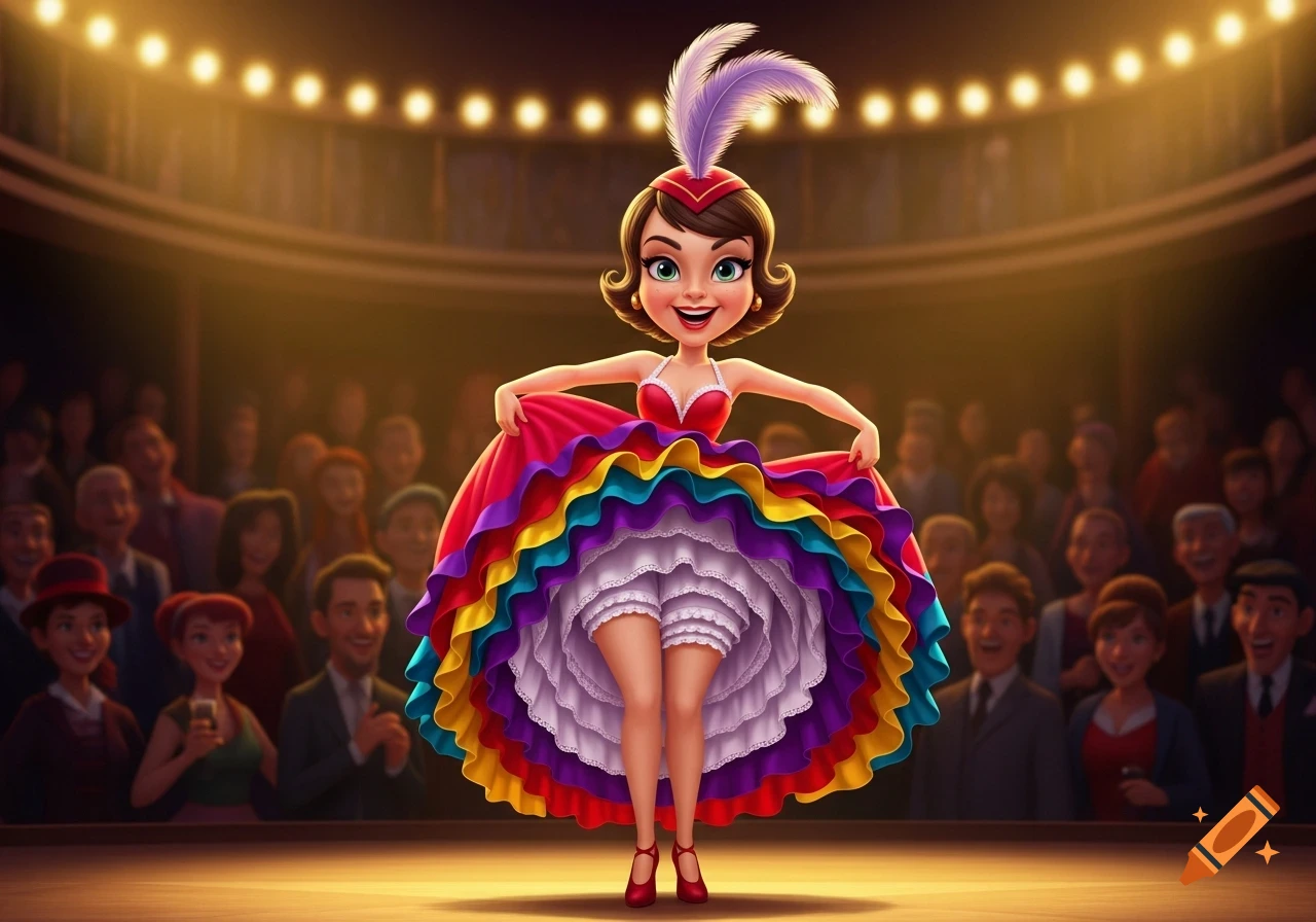 A smiling cartoon can-can dancer in a colorful layered dress poses on a stage, revealing white ruffled pantaloons to an audience under spotlights.