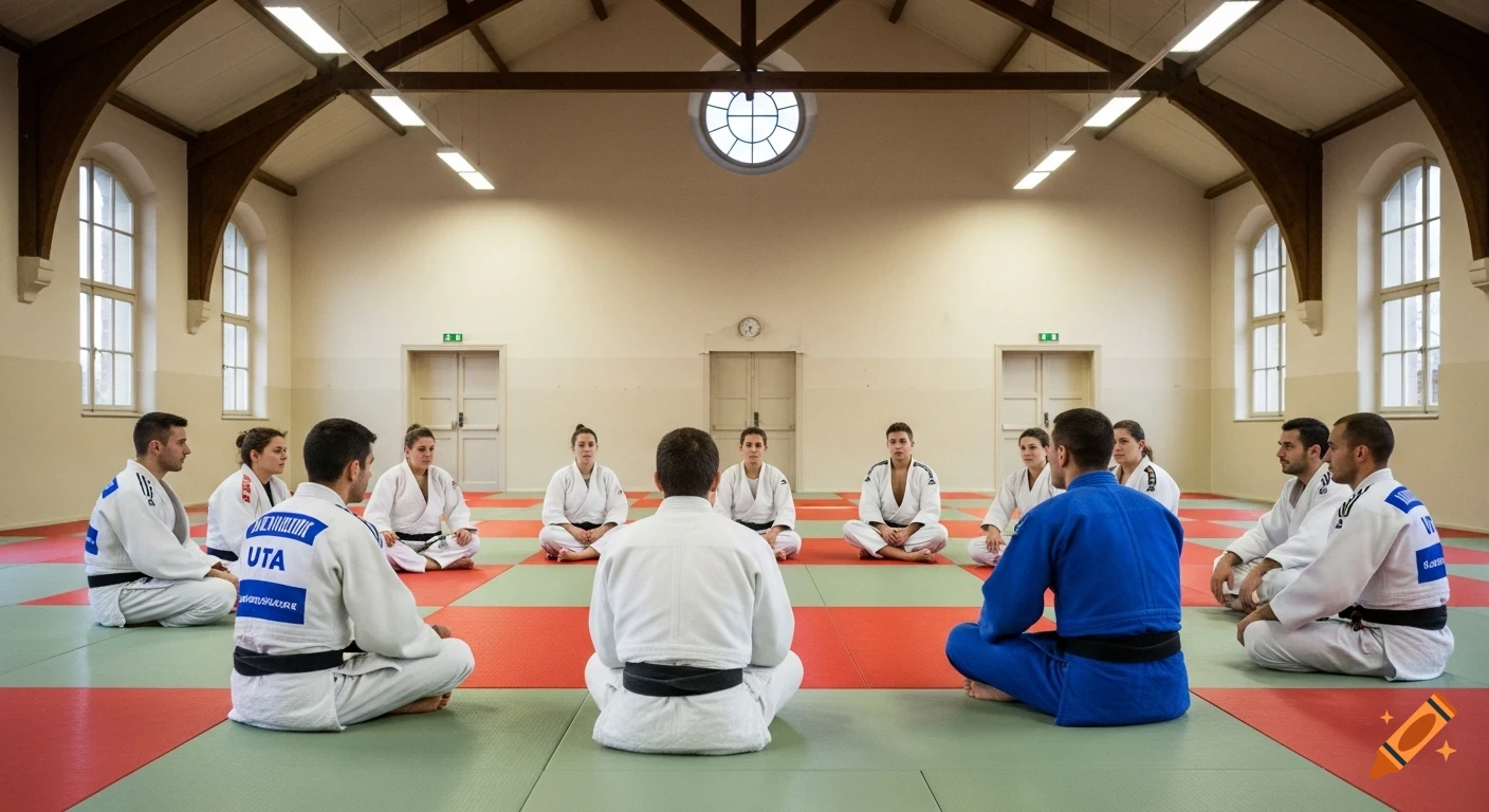 A group of judokas in white and blue gis are sitting cross-legged on red and green tatami mats in a well-lit dojo with arched windows.