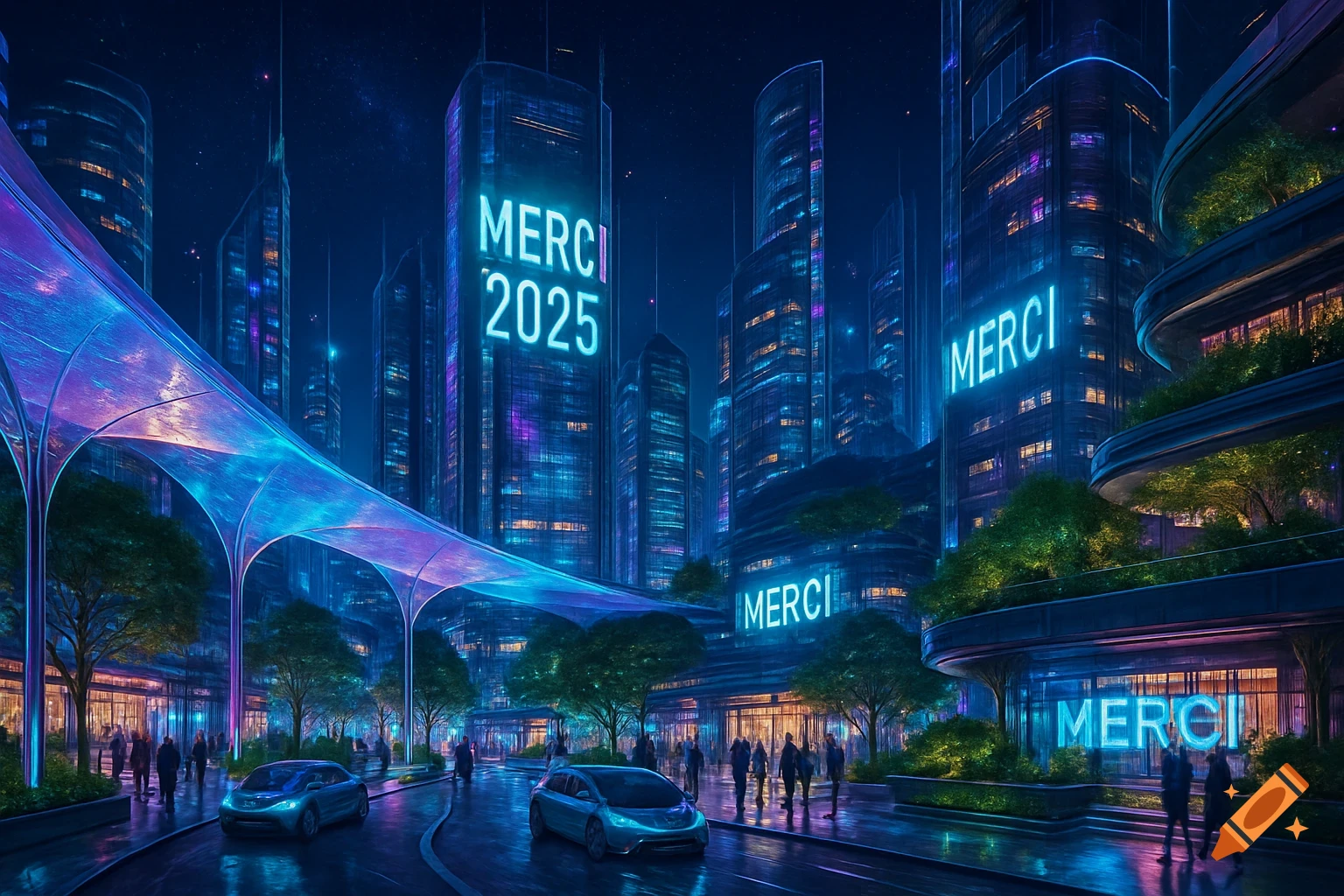 A vibrant, futuristic city at night with neon signs displaying 'MERCI 2025', glowing cars, and people on wet streets.