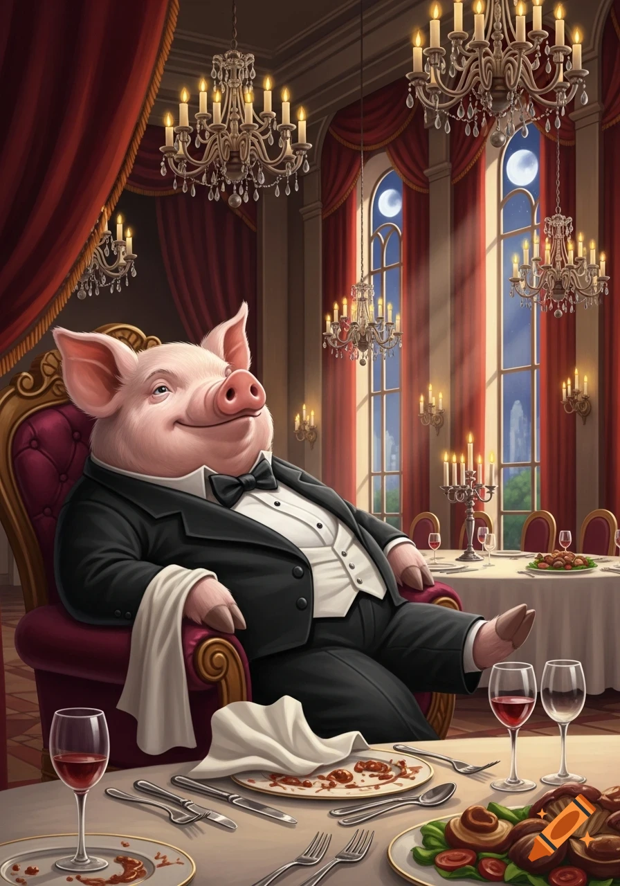 A happy anthropomorphic pig in a black tuxedo relaxes in a luxurious dining hall after a meal, with chandeliers and large windows.