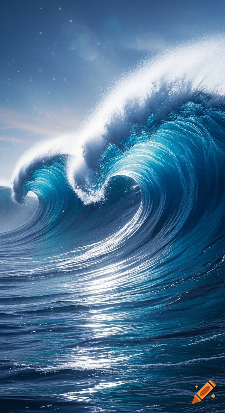 An epic, dramatic blue ocean wave breaking with white foam, shimmering reflections, and sparkling sunlight under a light blue sky.