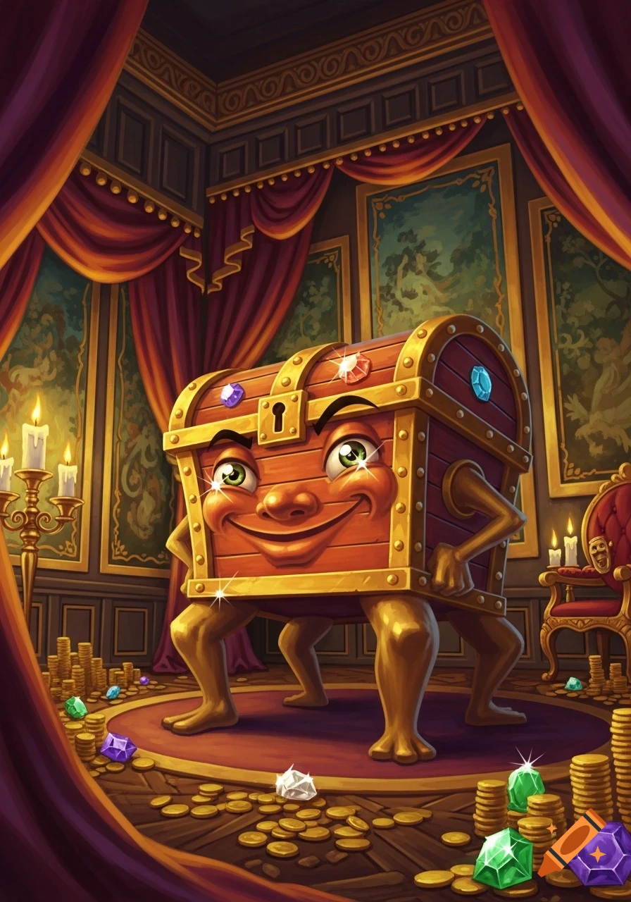 A grinning cartoon treasure chest with legs stands in an opulent room filled with piles of gold coins and colorful gems.