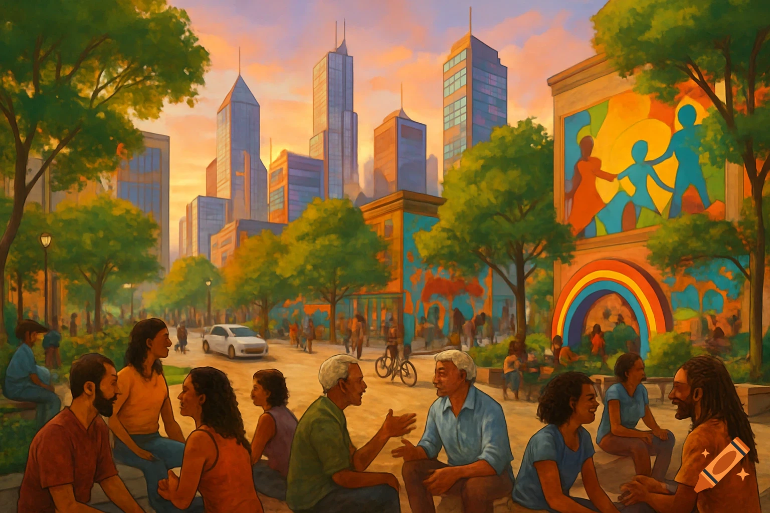 Painterly scene of diverse people conversing in an urban park with colorful murals, trees, and city skyline at sunset.