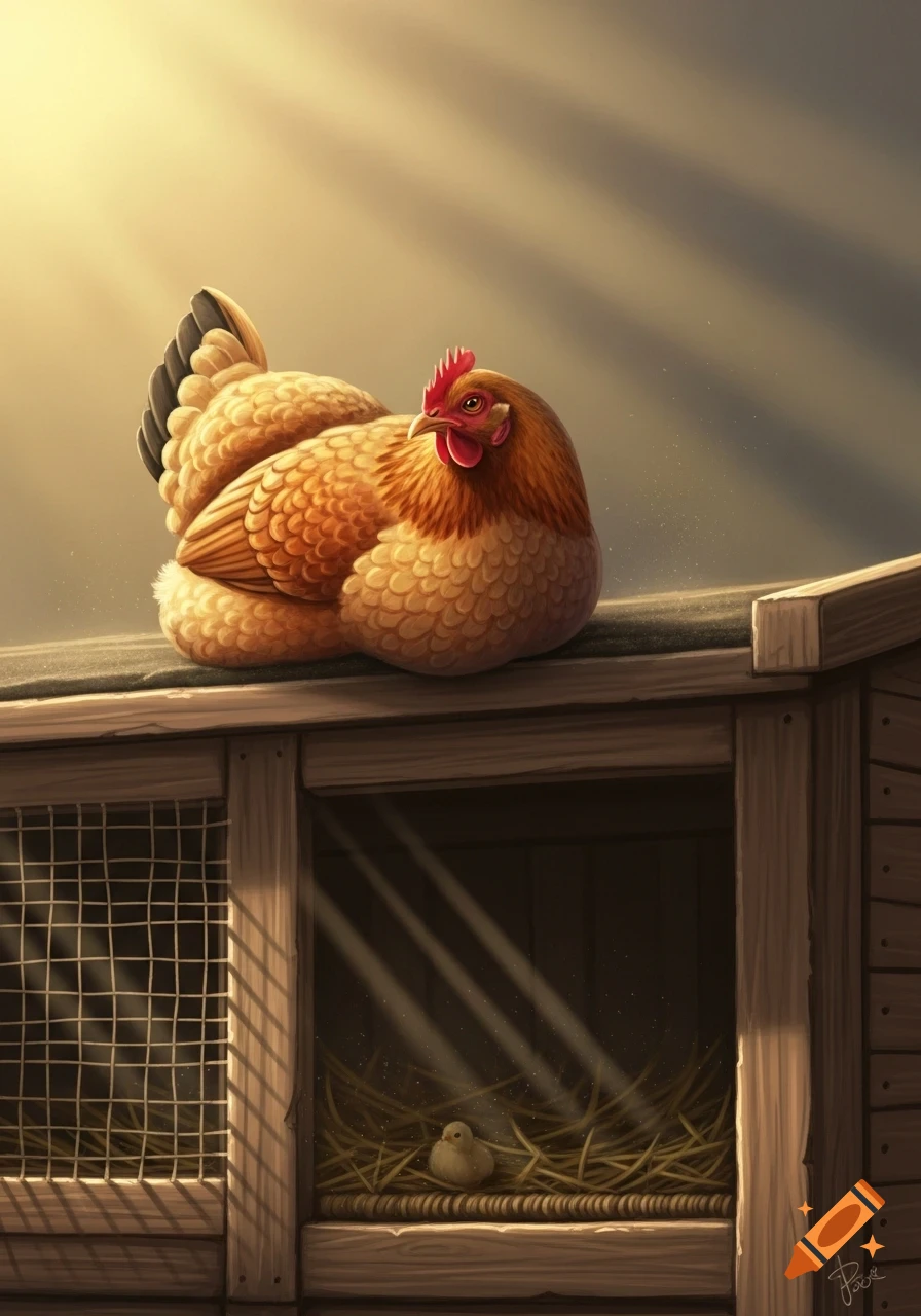 Illustrated brown chicken on a wooden coop, with a chick in a nest inside, bathed in sunbeams.