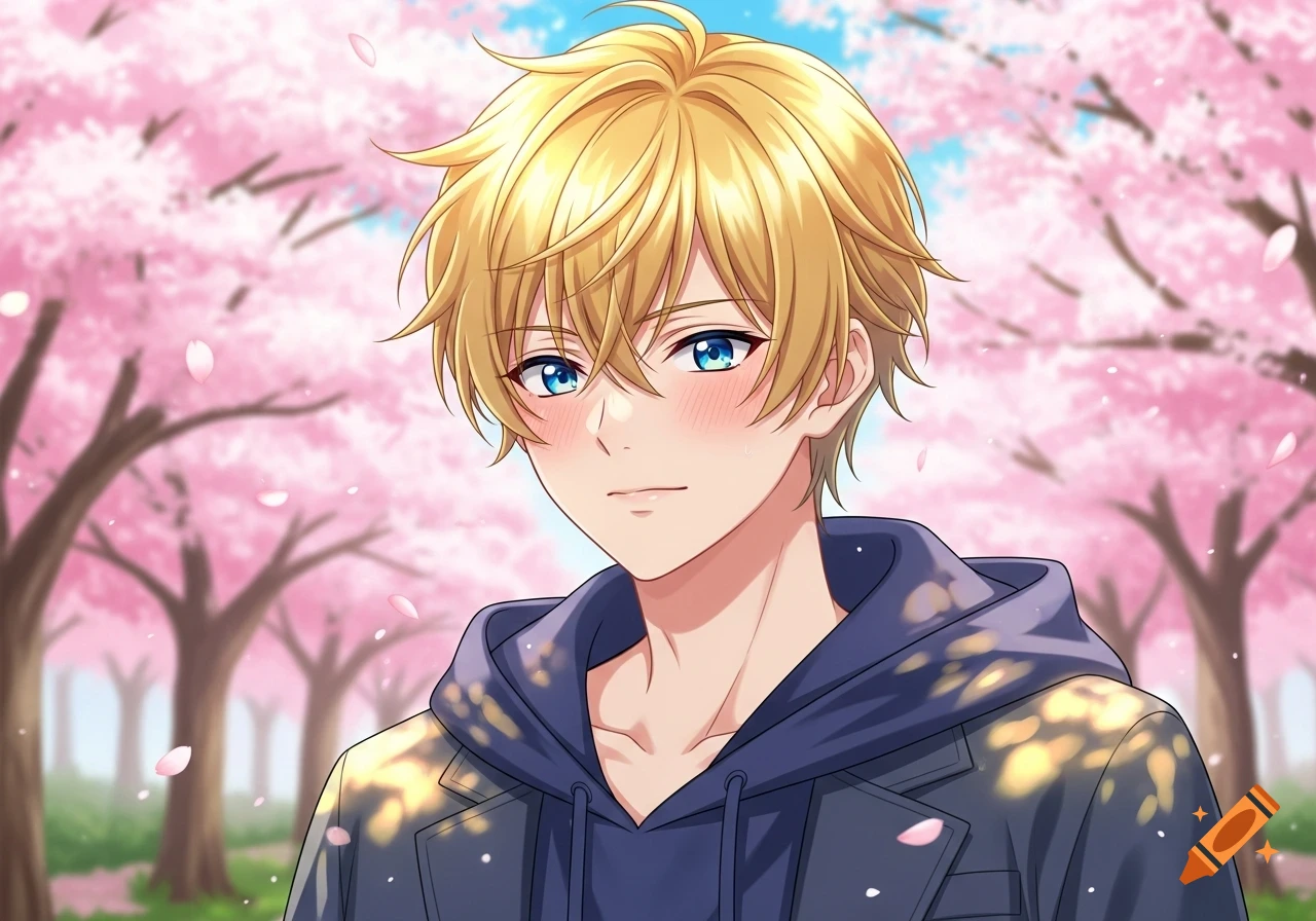 Anime boy with blonde hair, blue eyes, and blush, standing among pink cherry blossom trees.