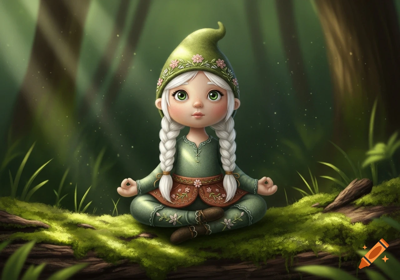 A cute, stylized female gnome doll with white braids meditates in a yoga pose on a mossy log in a lush green forest.