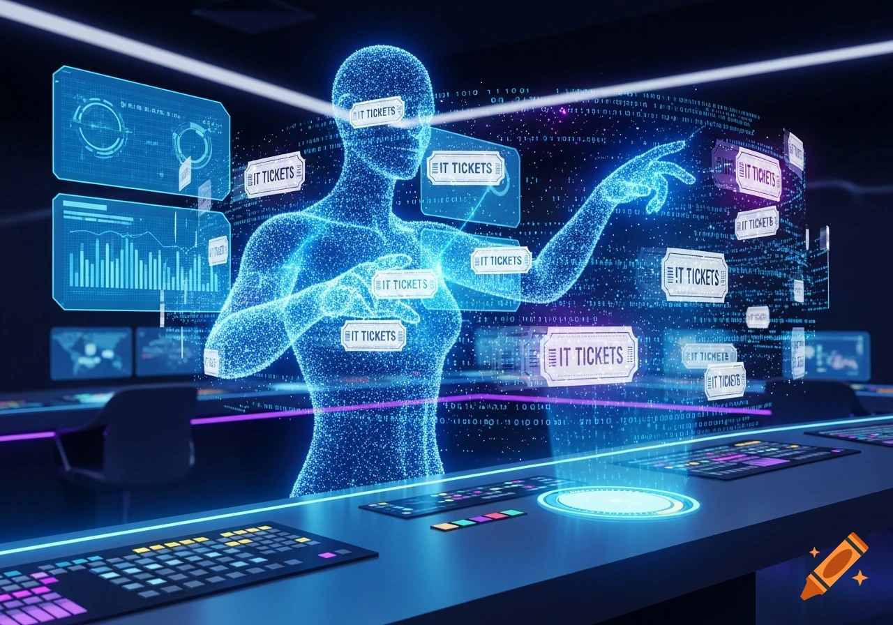 A glowing blue particle human figure interacts with holographic 'IT TICKETS' in a futuristic control room, illustrating AI problem-solving.