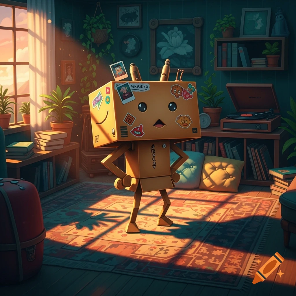 A smiling box character with arms akimbo stands in a sunlit, cozy room filled with plants, books, and a record player.