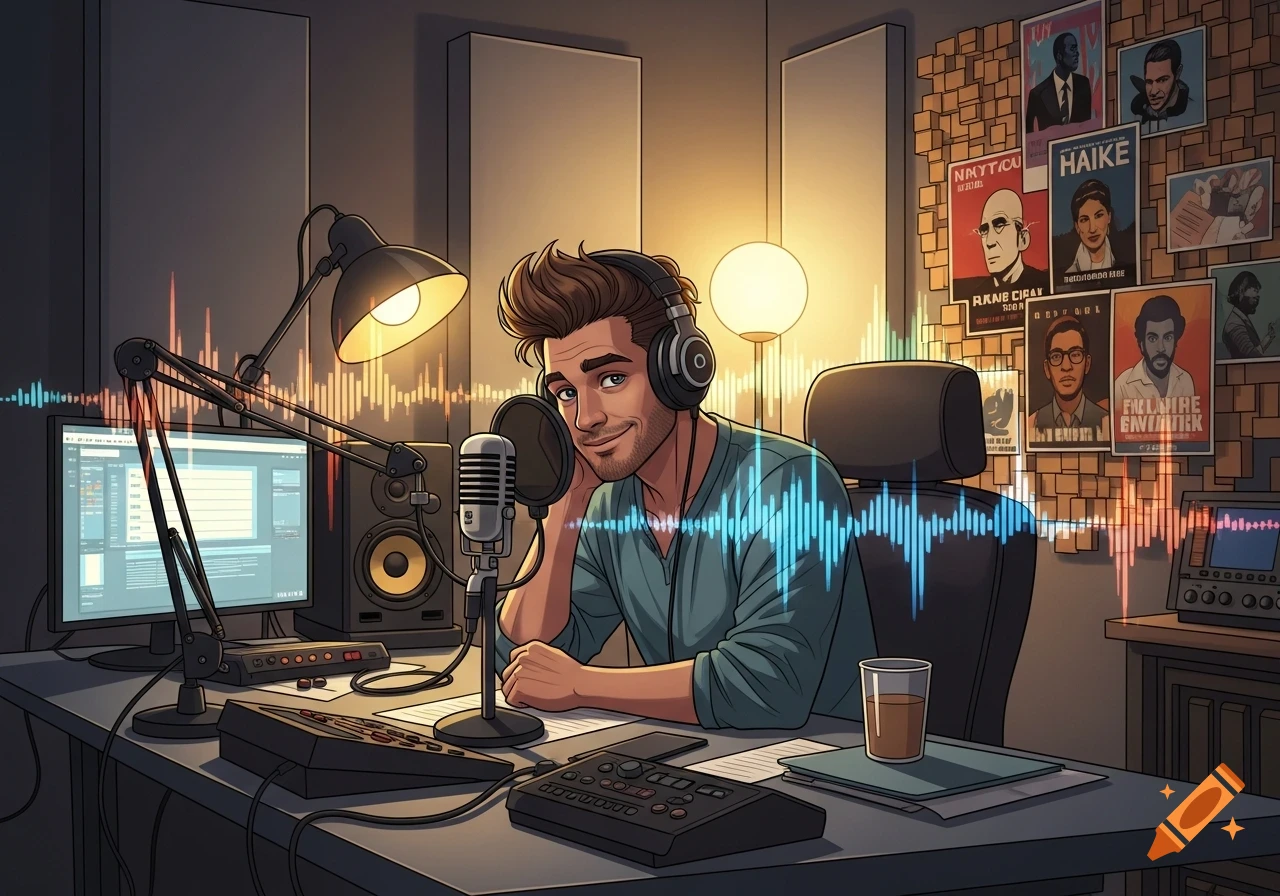 A smiling male podcast host wearing headphones, speaking into a microphone in a stylized recording studio with sound waves.