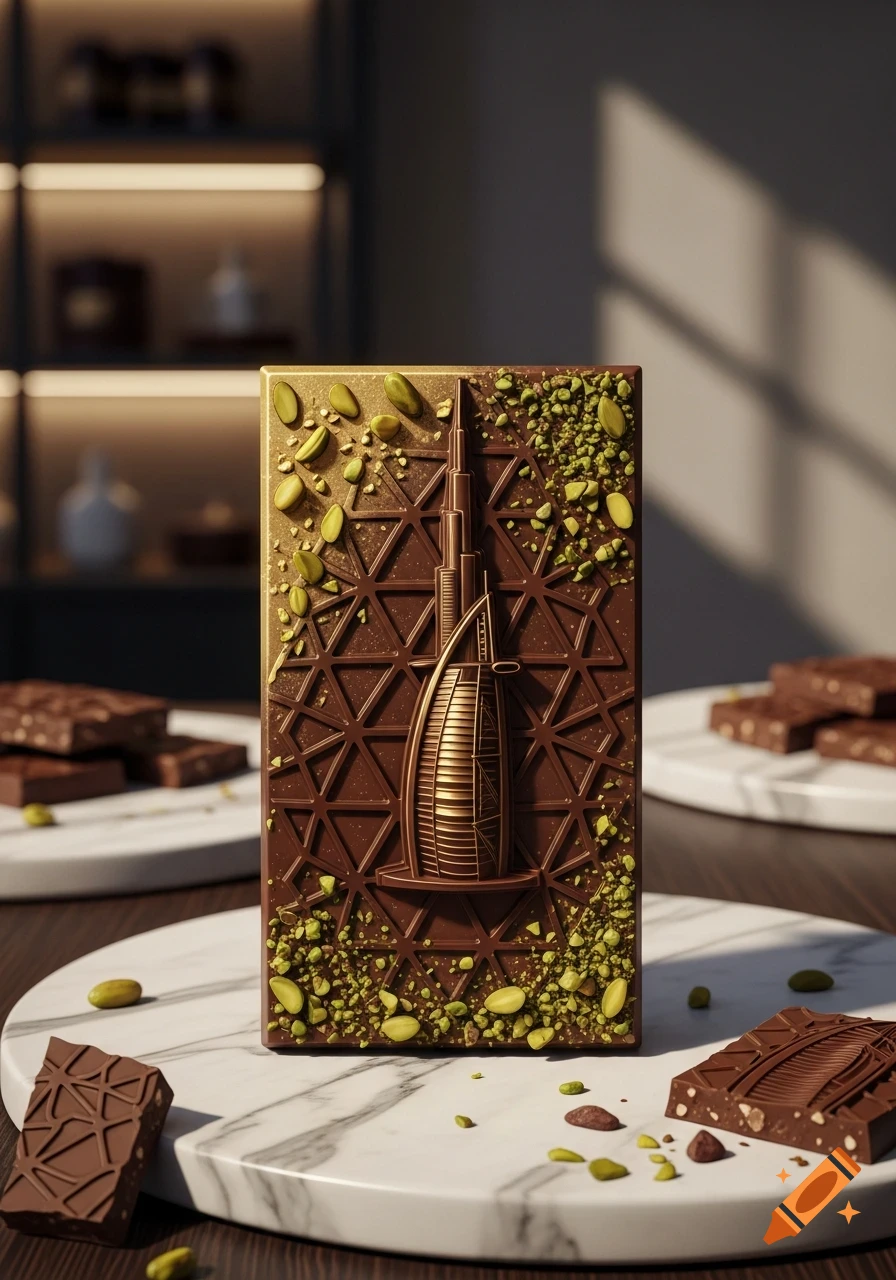 A dark chocolate bar embossed with the Burj Al Arab and Burj Khalifa, garnished with whole and crushed pistachios, on a white marble surface.