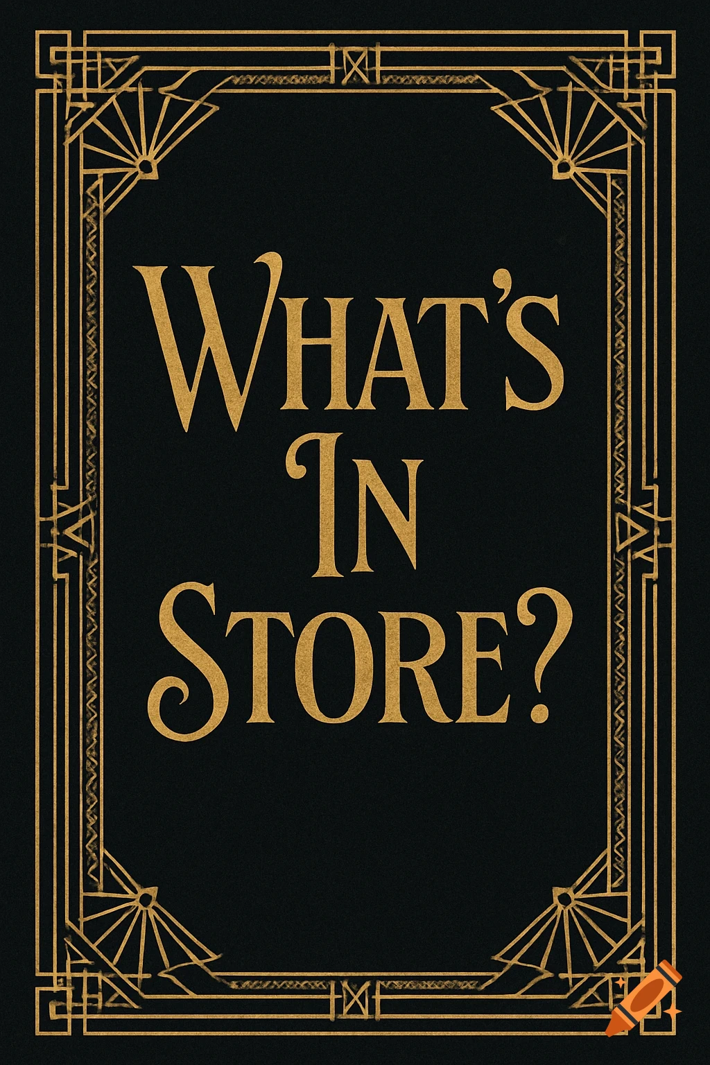 Gold art deco border frames the text "What's In Store?" on a black background, styled like a retro book cover.