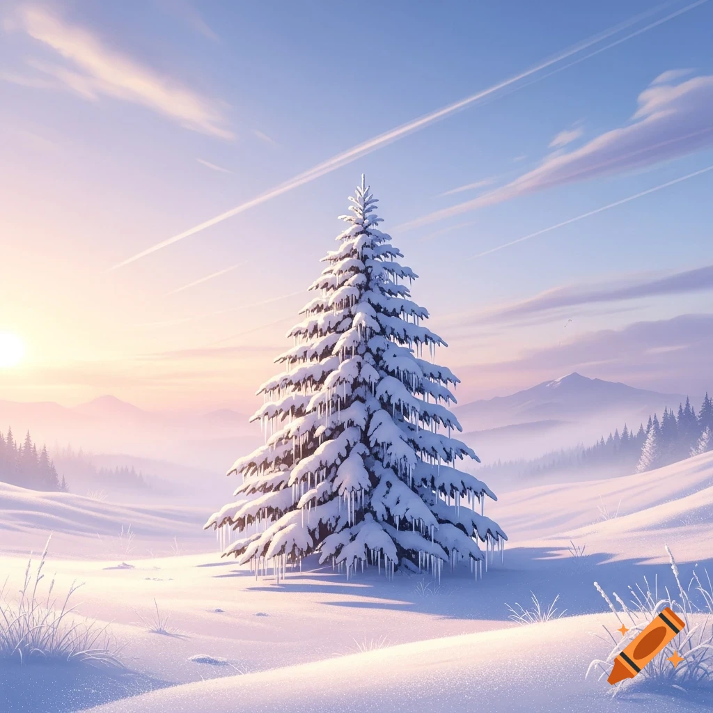 A picturesque winter landscape features a snow-covered pine tree with icicles under a pastel sunrise sky.