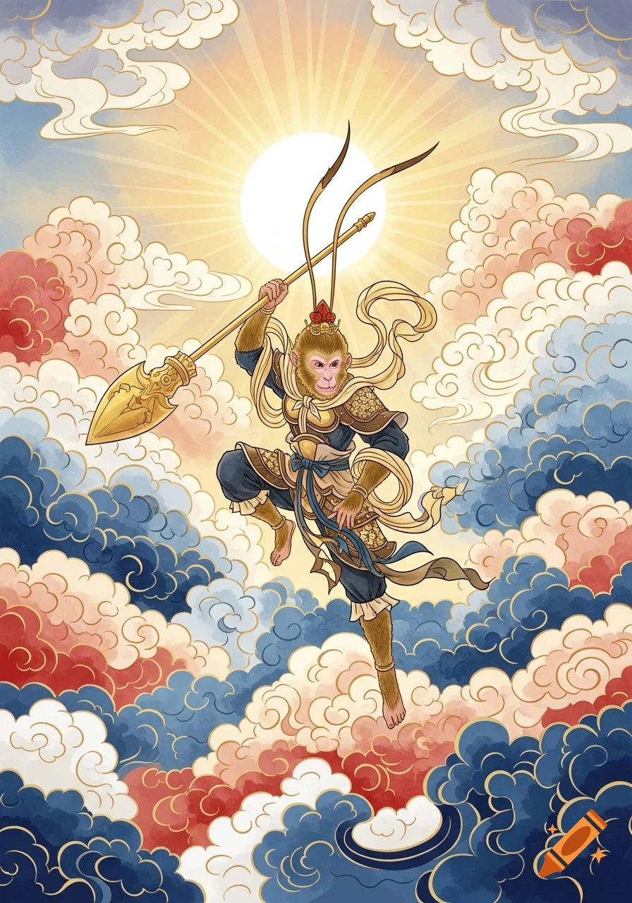 The Monkey King, Sun Wukong, in classical Chinese painting style, ascends through colorful clouds towards a sun, holding a golden cudgel.