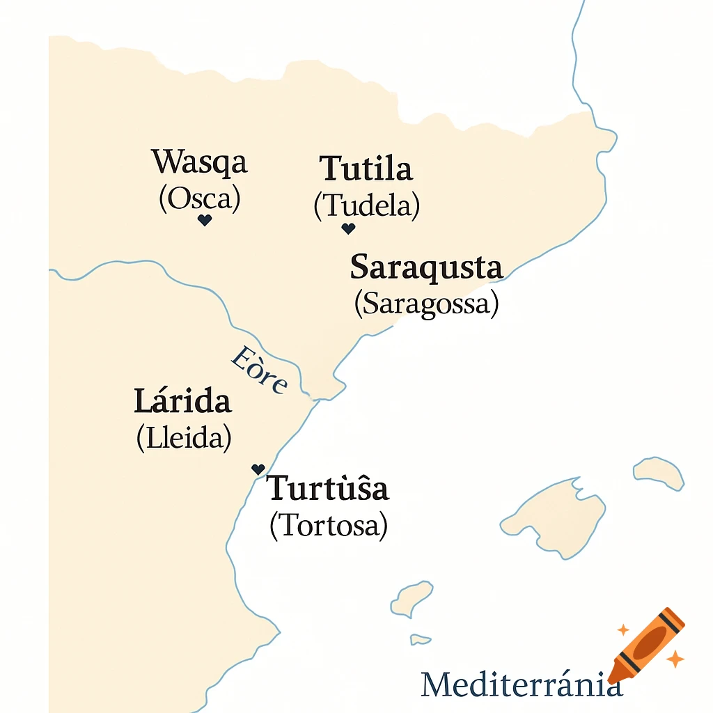 A schematic map of Al-Andalus centered on the Ebro River, showing cities like Wasqa (Osca), Tutíla (Tudela), Saraqusta (Saragossa), Lárida (Lleida), and Turtûša (Tortosa), with the Mediterranean Sea labeled. The map has a clean, educational style with soft colors.