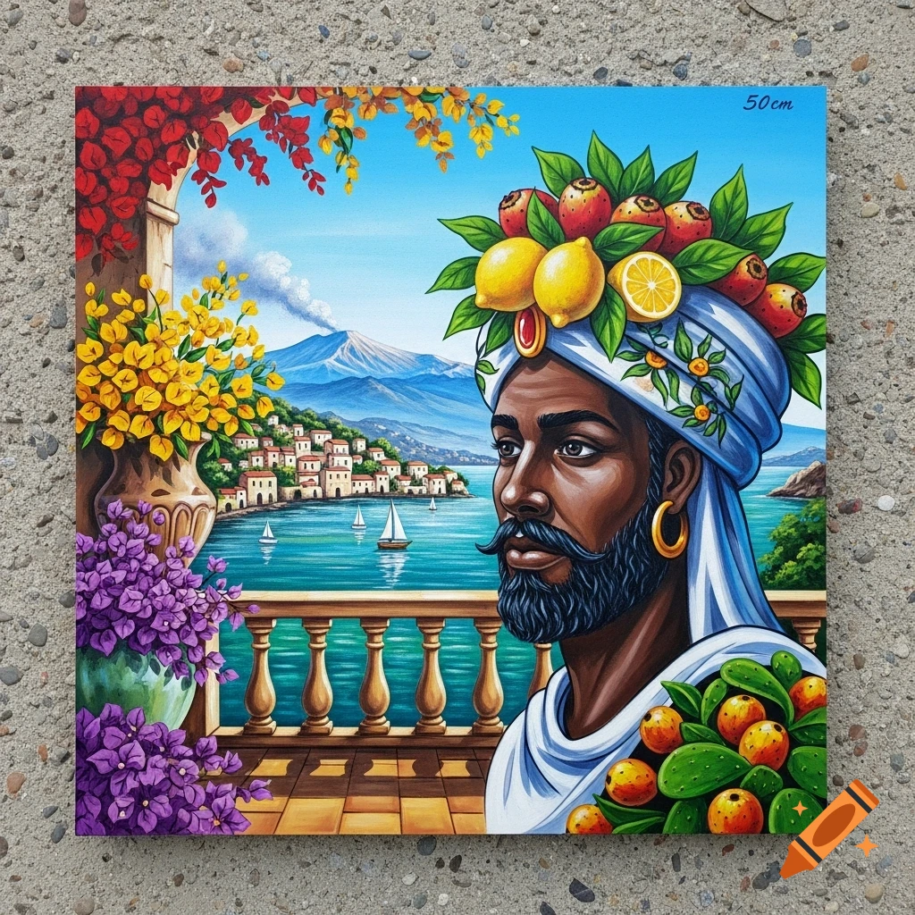 A colorful decorative painting of a man with a fruit and flower crown, overlooking a Sicilian coastal town with Mount Etna in the background.