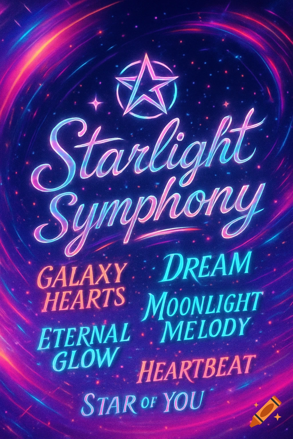 Neon pink and blue text 'Starlight Symphony' and song titles on a dark starry galaxy background with swirling light trails.